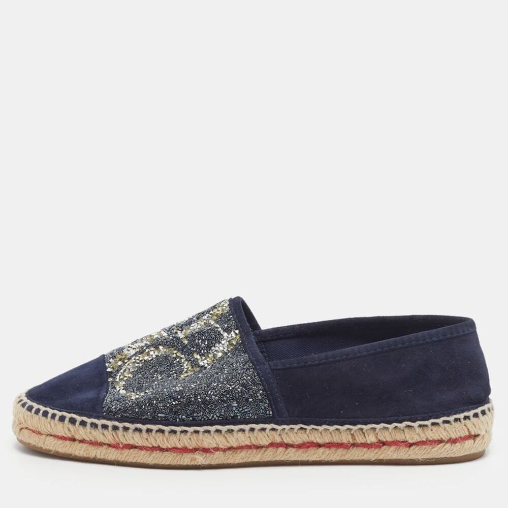Ch Carolina Herrera Initials Insignia Size 38 Navy Blue Suede Crystal